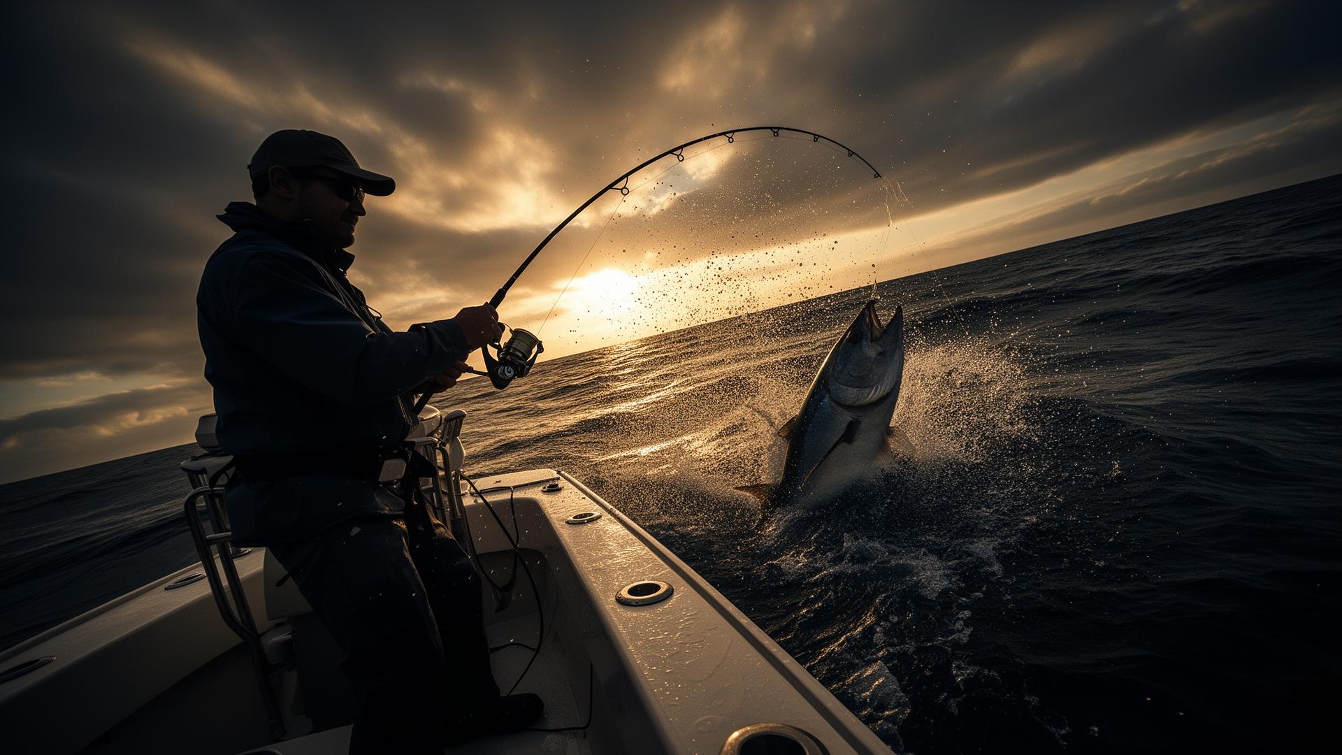 Angler fighting a big fish at golden hour