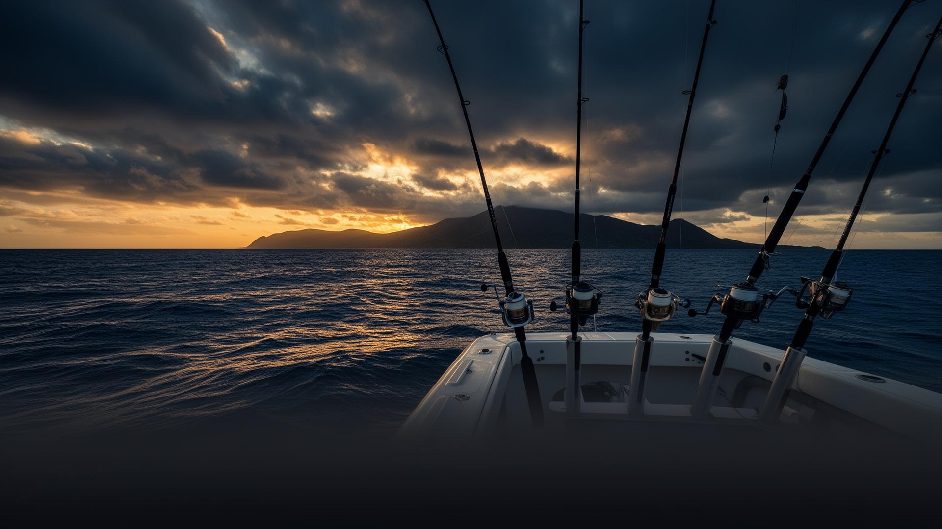 Sport fishing rods on a charter boat at golden hour