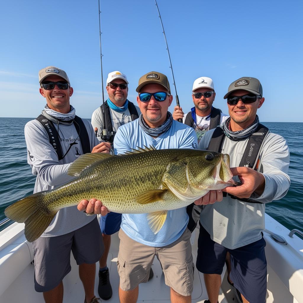 Anglers on a fishing boat with their catch